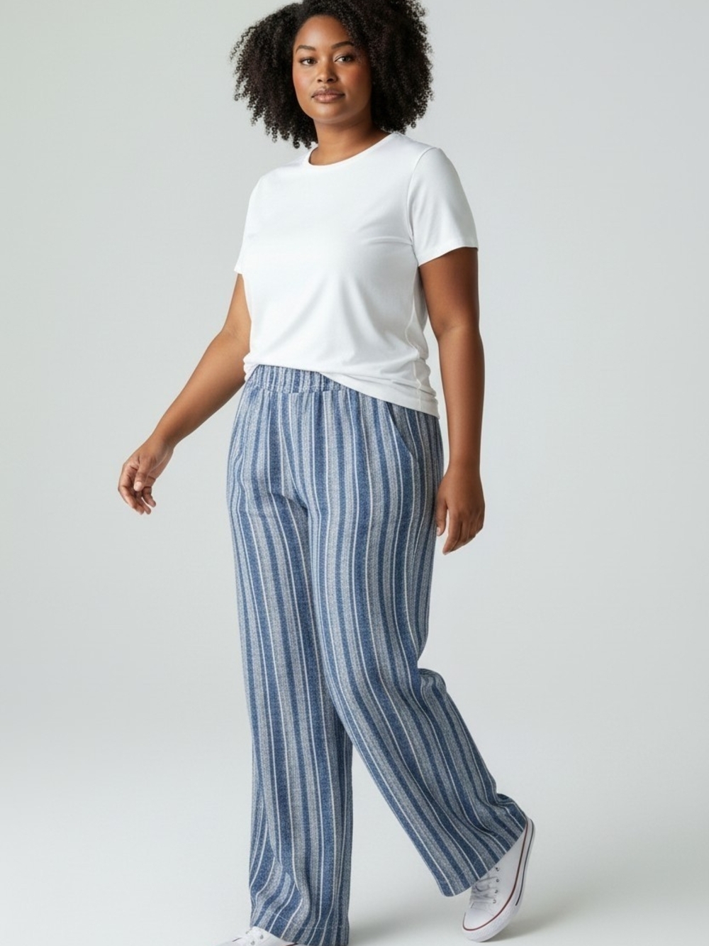 Briggs New York Navy and White Vertical Stripe Wide-Leg Pants Linen Blend